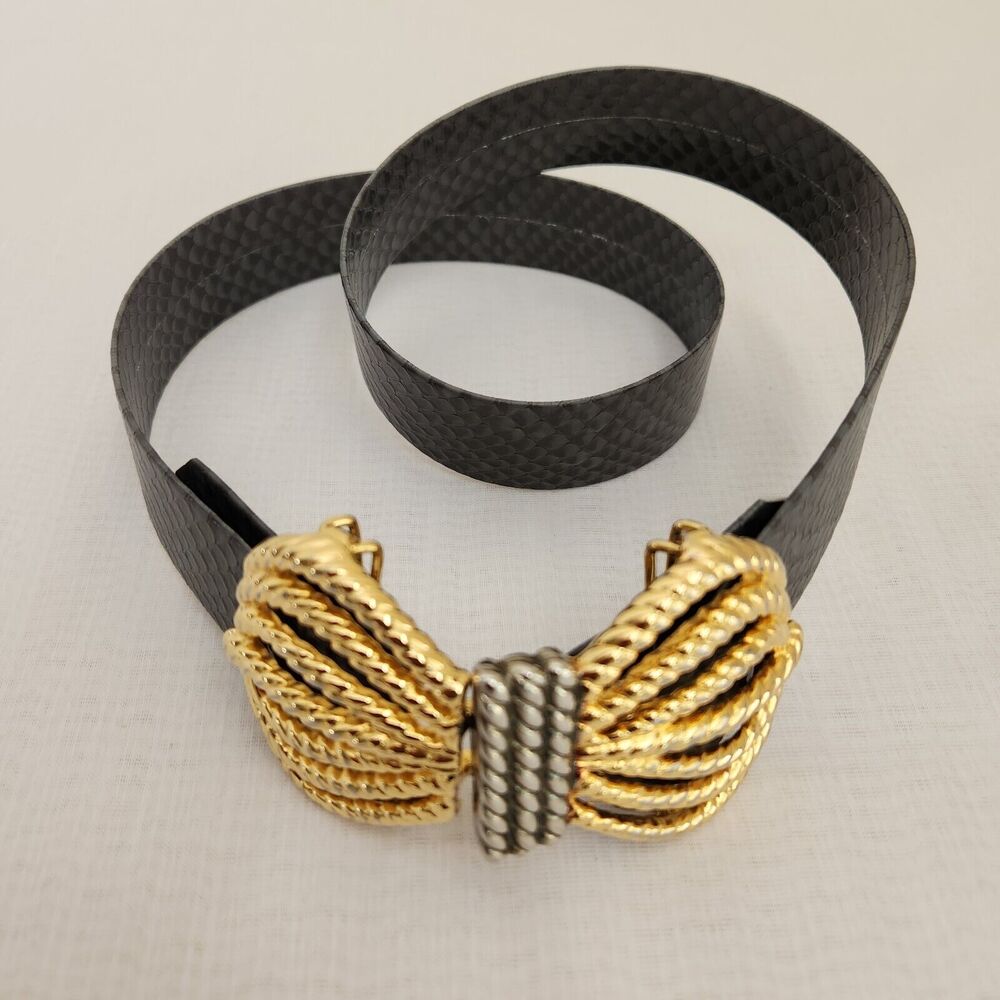 Women's Belt Gray Faux Snakeskin Removable Belt Gold Silver Crown Hook Buckle